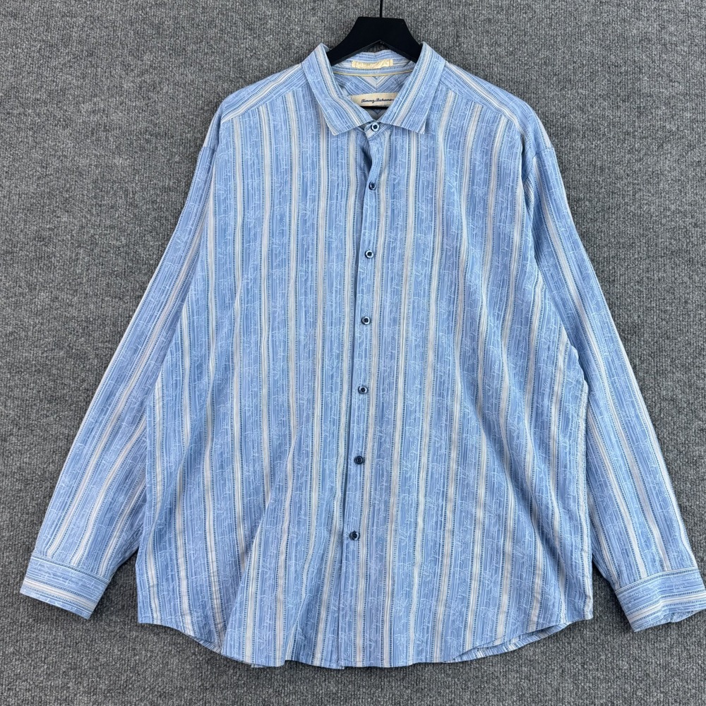 Tommy Bahama Shirt Mens XXL Blue Stripe Palm Tree Cotton Silk Long Sleeve